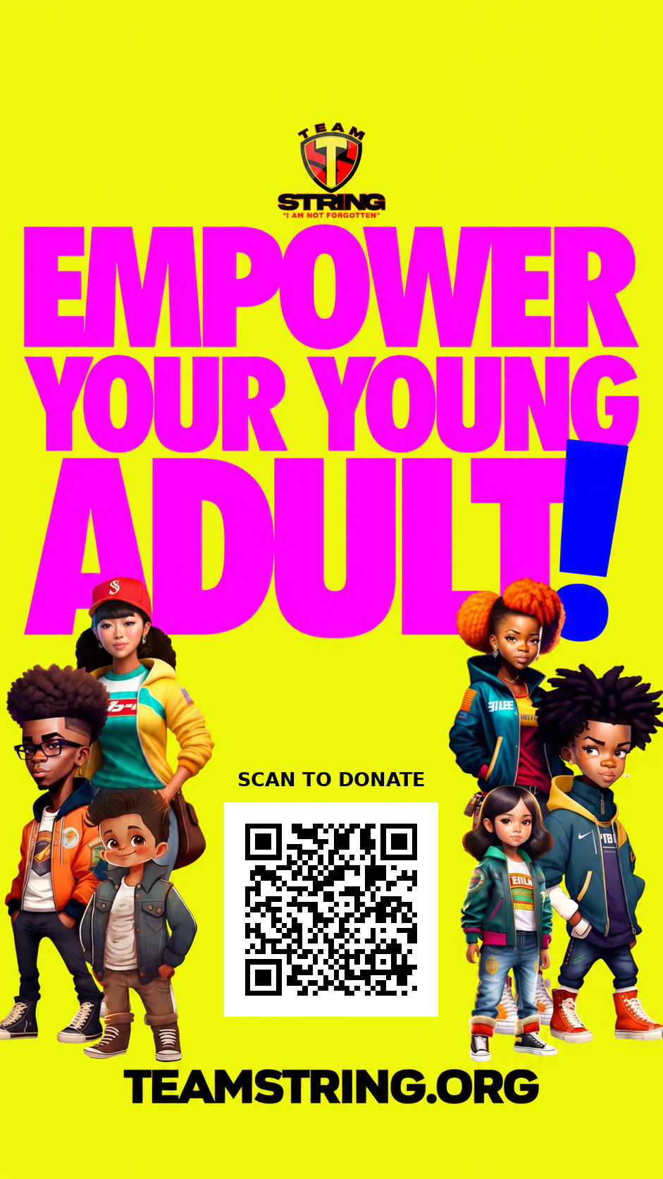 TeamString Empower Your Young Adult flyer with a Givebutter donation QR code